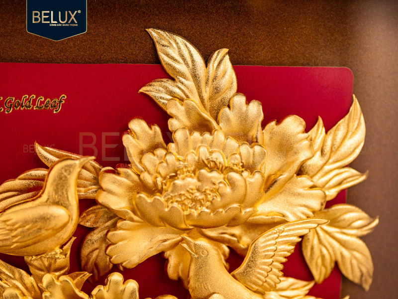 Tranh Đôi Chim Hỷ Tước Mẫu Đơn Dát Vàng 24k- 24x24 cm